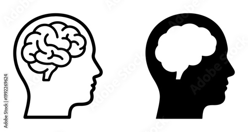 Human brain icon set in head profile, mental health and psychology vector symbols, black and white neurology anatomy illustrations for medical design