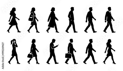 Walking people silhouettes, set of 12 business men and women vector icons, professional commuters and pedestrians in motion, black side view figures
