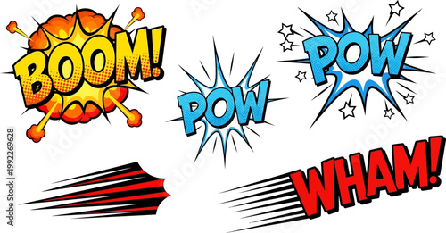 Comic book style explosion and impact sound effect words and motion lines isolated on transparent background