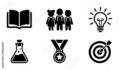 Education icon set with 6 black vector symbols, school learning and academic achievement icons, book students and lightbulb idea graphics