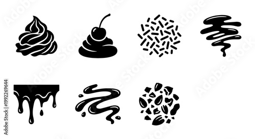Obraz na plátne Minimalist dessert topping icons, black whipped cream and chocolate drip vector