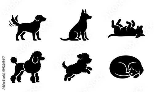 Black dog silhouette icons set, 6 vector pet breed illustrations, minimalist canine animal shapes for veterinary and pet care branding