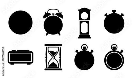 Minimalist clock icon set, black silhouette time measurement symbols, 8 vector elements including alarm clock and hourglass for schedule planning