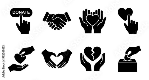 Charity and donation icon set, black solid vector symbols for non-profit organizations, volunteer and humanitarian aid graphics for web and mobile apps