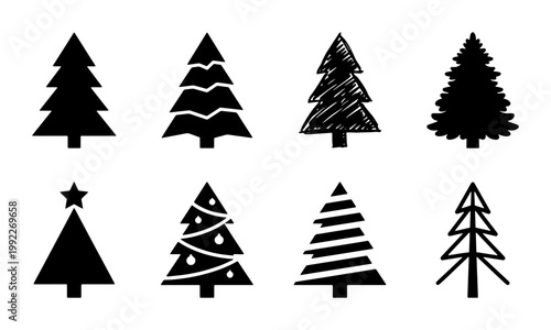 Minimalist Christmas tree icons set, black pine tree silhouettes, hand drawn evergreen fir vector collection, winter holiday nature symbols