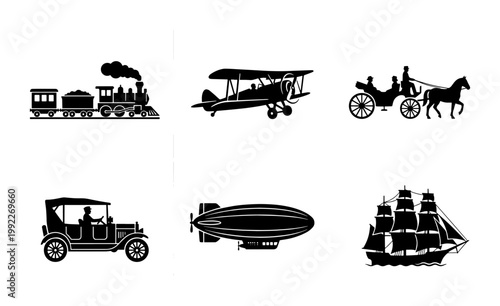 Vintage transportation silhouettes set, antique vehicle icons including steam train and biplane, retro travel collection with 6 vector elements