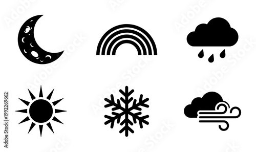 Minimalist weather icon set with 6 black vector symbols, meteorology forecast elements including sun and moon, flat snowflake and rain cloud graphics