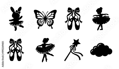Ballerina silhouette vector set, ballet dancer icons with pointe shoes and butterfly, 8 black feminine elements for dance school branding and crafts