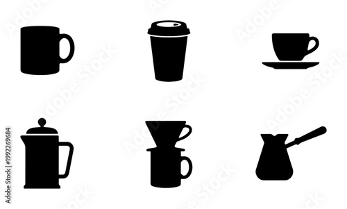 Minimalist coffee icon set, black silhouette coffee brewing equipment and mugs, 6 vector elements for cafe branding and menu design