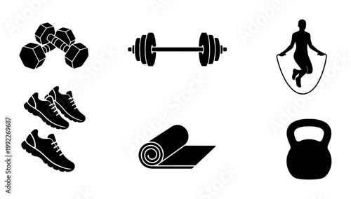 Fitness and gym equipment icon set, black silhouette workout gear collection, 6 vector elements for bodybuilding and athletic training apps