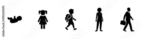 Human aging process silhouettes, life cycle stages from baby to adult businessman, growth and development icons, set of 5 vector figures