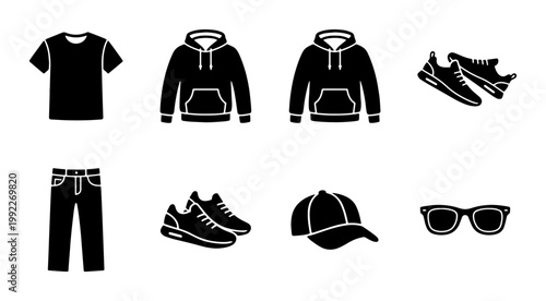 Minimalist clothing and apparel icons set, black silhouette fashion garments vector, casual streetwear outfit elements for retail and e-commerce