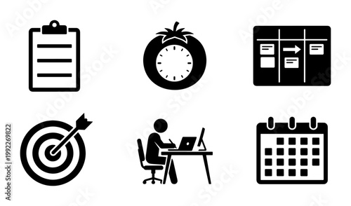 Productivity and time management icons set, black pomodoro timer and kanban board vector, business task planning and goal achievement symbols