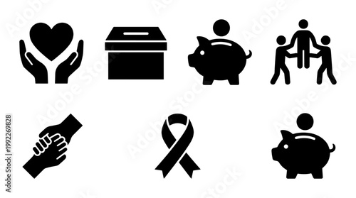 Charity and donation icon set, black silhouette non-profit symbols, 7 vector elements for community support and fundraising projects