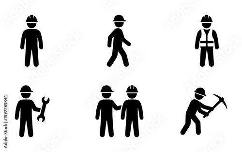 Construction worker icon set, industrial laborer silhouettes with hard hats and tools, professional builder pictograms for safety signage and site manuals