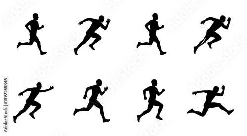 Running man silhouette collection, set of 8 male athlete runner icons, black vector figures in motion for sports and fitness design