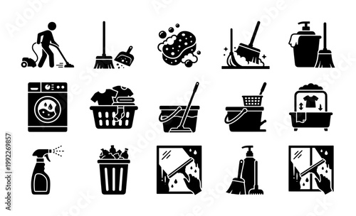 Tableau sur toile Cleaning service icons set, black solid housekeeping symbols, laundry and sanita