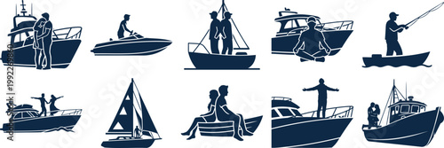 Silhouettes of people enjoying various boating activities on different types of vessels silhouette vector illustration