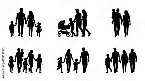 Family silhouette collection, black silhouettes of parents and children walking together, set of 6 family groups with baby stroller and kids