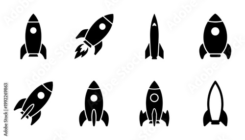 Rocket ship icon set, black silhouette space shuttle vector collection, 8 minimalist spacecraft launch symbols for business startup and technology