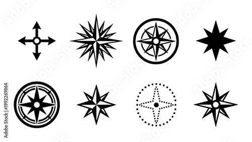 Vintage nautical compass rose icons, set of 8 black wind rose vector symbols, maritime navigation star elements for maps and travel design