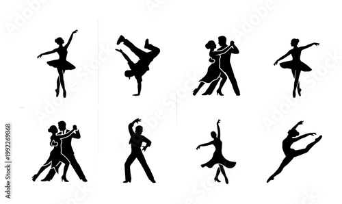 Black dance silhouettes set, 8 vector icons of ballet dancers and ballroom couples, breakdance and contemporary performance figures on white background
