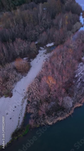 Aerial view from a drone of the Alberche River near the Cazalegas Reservoir, close to the town of Cazalegas. Province of Toledo. Castile-La Mancha. Spain. Europe