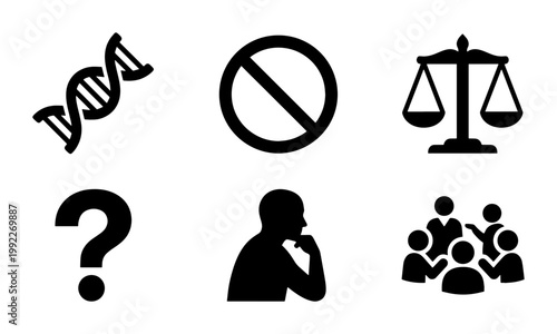 Bioethics and social science icon set, black silhouette symbols for ethics and law, collection of 6 vector icons for philosophy and research