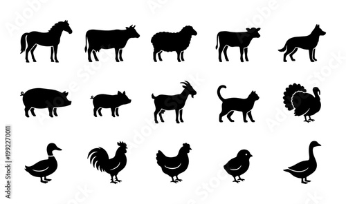 Farm animal silhouettes set of 15 black icons, livestock and poultry vector collection, domestic animals and birds for agriculture design
