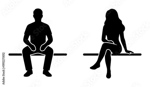 Canvas Print Sitting people silhouettes, man and woman seated on bench vector, black human fi