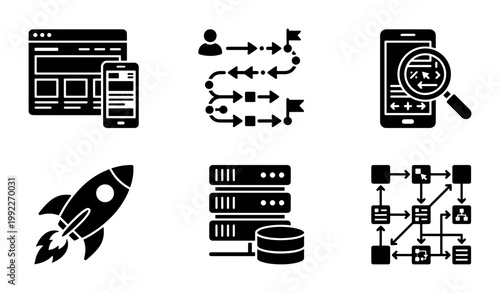 Modern SEO and web development icon set, 6 black solid glyph vectors for digital marketing, business growth and data hosting symbols