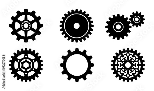 Industrial gear icons set, black mechanical cogwheel vector collection, technical engine parts and machinery equipment symbols for engineering design