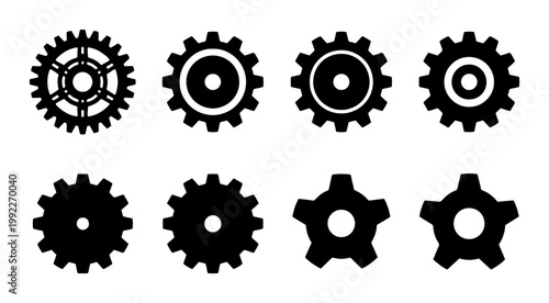 Industrial gear icons set, black mechanical cogwheel silhouettes, 8 vector engine parts for engineering and technology concepts, minimalist machinery gear wheels
