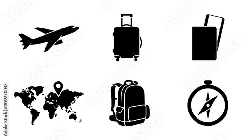 Travel icon set with airplane and luggage, black silhouette vacation symbols, world map and compass vector elements for tourism design