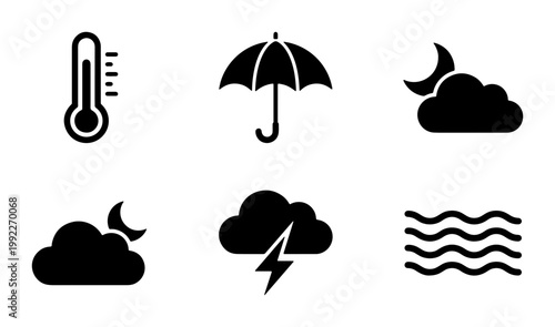 Minimalist weather icon set with 6 black vector symbols, meteorology forecast elements including thermometer and umbrella, storm and night sky graphics