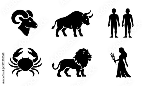 Zodiac signs black silhouette icons set, astrology horoscope symbols including aries taurus gemini cancer leo and virgo, vector celestial graphics