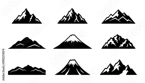 Minimalist mountain peak icons, set of 9 black and white vector silhouettes, outdoor adventure and nature landscape symbols for logo design