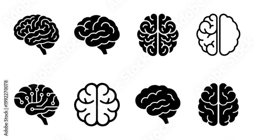 Human brain icon set with 8 vector elements, minimalist black and white cerebral anatomy symbols, mental health and artificial intelligence graphics