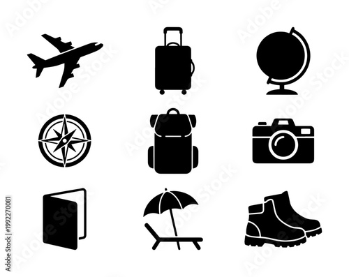 Travel icon set with 9 black silhouettes, vacation and tourism symbols including airplane and suitcase, adventure gear vector elements for trip planning