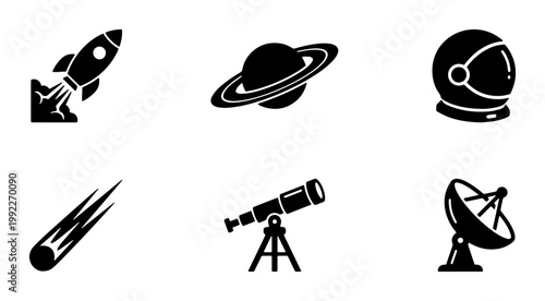 Space exploration icon set, black solid vector symbols of rocket ship and planet, astronomy telescope and astronaut helmet icons for science education