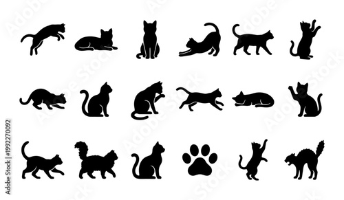 Black cat silhouette collection, 17 feline poses and paw print vector set, domestic kitten shapes in various positions, animal icons for pet branding
