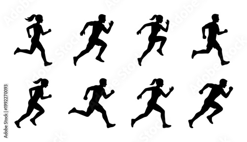 Running man and woman silhouettes, set of 8 athlete jogging vector icons, black male and female runner figures for fitness and marathon design