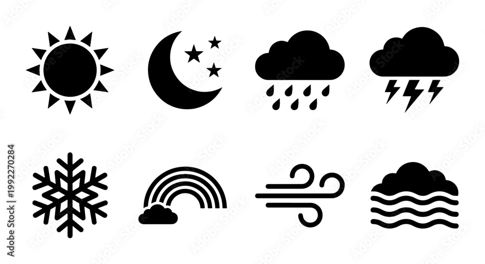 Fototapeta premium Minimalist weather icon set, black silhouette meteorology symbols, collection of 8 flat vector elements for forecast apps and climate reports