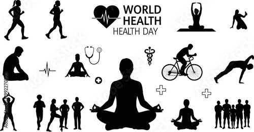 World Health Day illustrations with people exercising and meditating in various poses