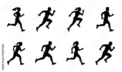 Running man and woman silhouette set, athletic people sprinting vector icons, 8 black silhouettes of joggers and runners for sports design
