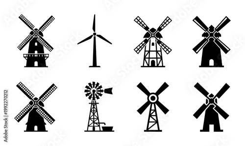 Windmill icon set with 8 black vector silhouettes, traditional Dutch wind mills and modern wind turbine symbols, sustainable energy and farm icons