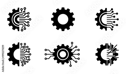 Industrial gear and circuit board icons, set of 6 digital technology vector symbols, black mechanical cogwheel and electronic motherboard elements