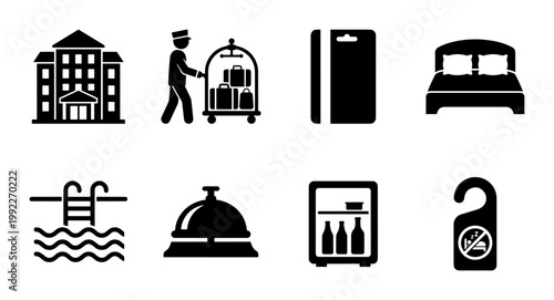 Hotel service icons set, black hospitality symbols collection, travel and accommodation vector elements for wayfinding and signage
