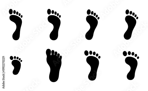 Black human footprint silhouettes set, minimalist bare feet icons collection, 8 vector foot print symbols for tracking and forensic design