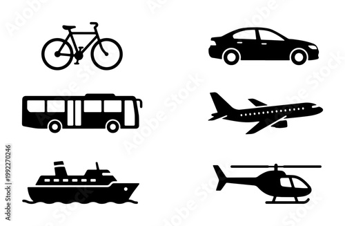 Transportation icon set with 6 black silhouettes, minimalist vehicle symbols including car, bus, airplane, and bicycle, travel and logistics vector graphics